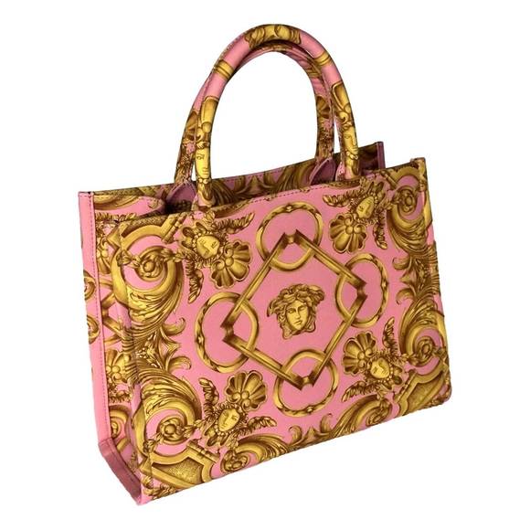 NEW VERSACE women's pastel signature print small canvas tote bag in pink